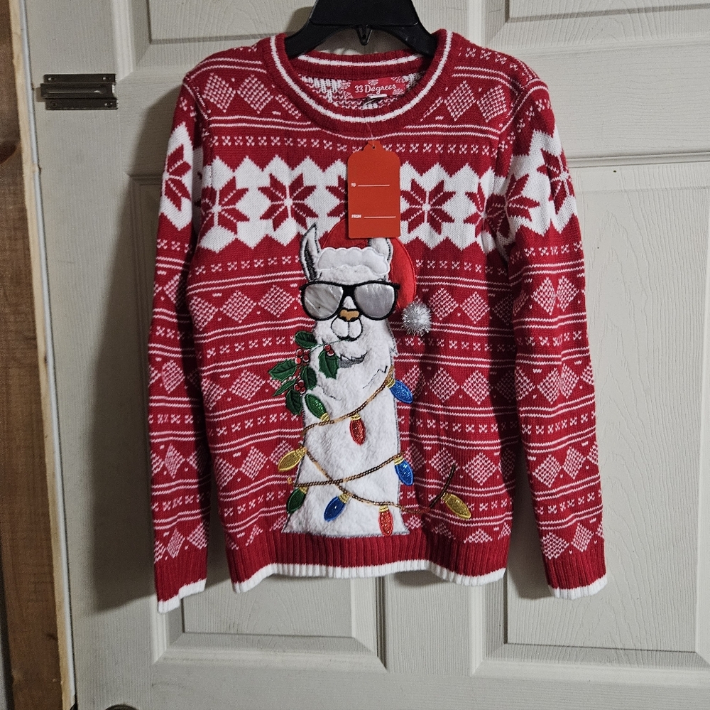 33 DEGREES LLAMA RED/WHITE CHRISTMAS SWEATER: New With Tags: Size M (10/12)